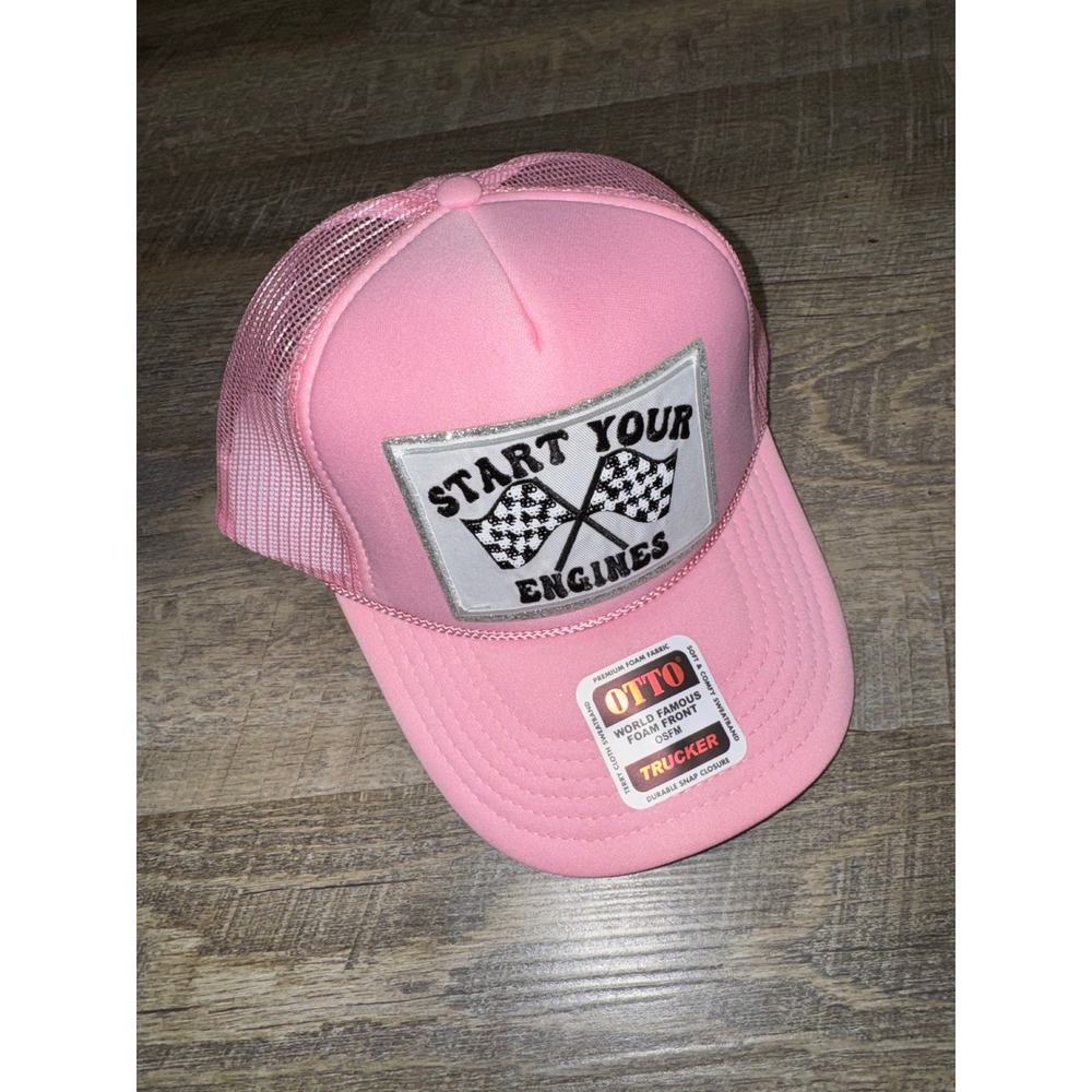 Start Your Engines Pink Trucker Hat Racing Checkered Flag OTTO Snapback NWT